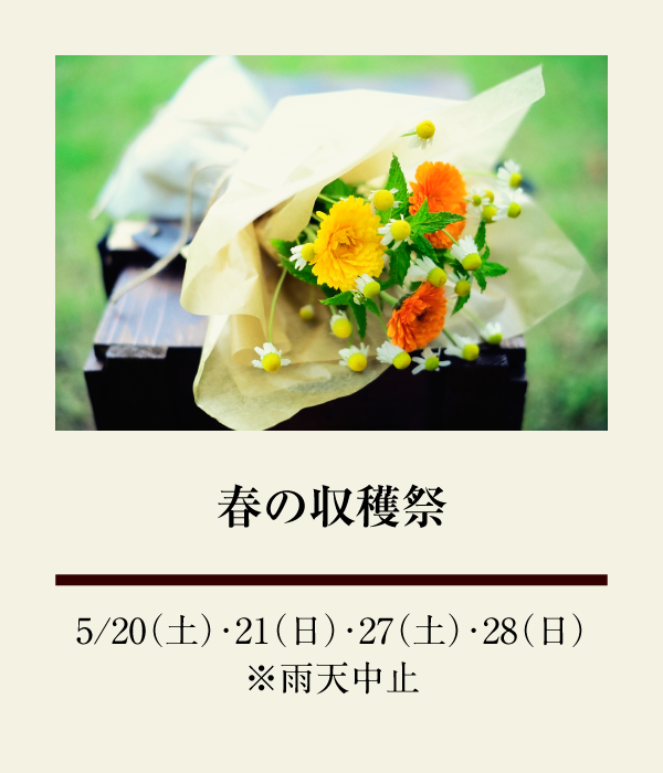 春の収穫祭：5/20（土）、5/21（日）、5/27（土）、5/28（日） ※雨天中止