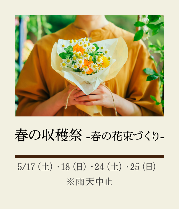春の収穫祭―春の花束づくり―：5/17（土）・18（日）・24（土）・25（日）※雨天中止